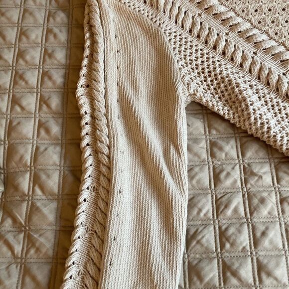 Minnie Rose Cotton Sweater with Open Shoulder, Cable & Open Stitch Detail. Lg. - Picture 5 of 7